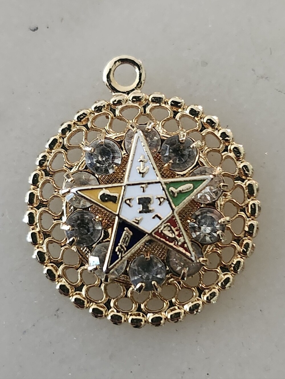 Vtg Gold Tone Order Of The Eastern Star Rhinestone Pendant